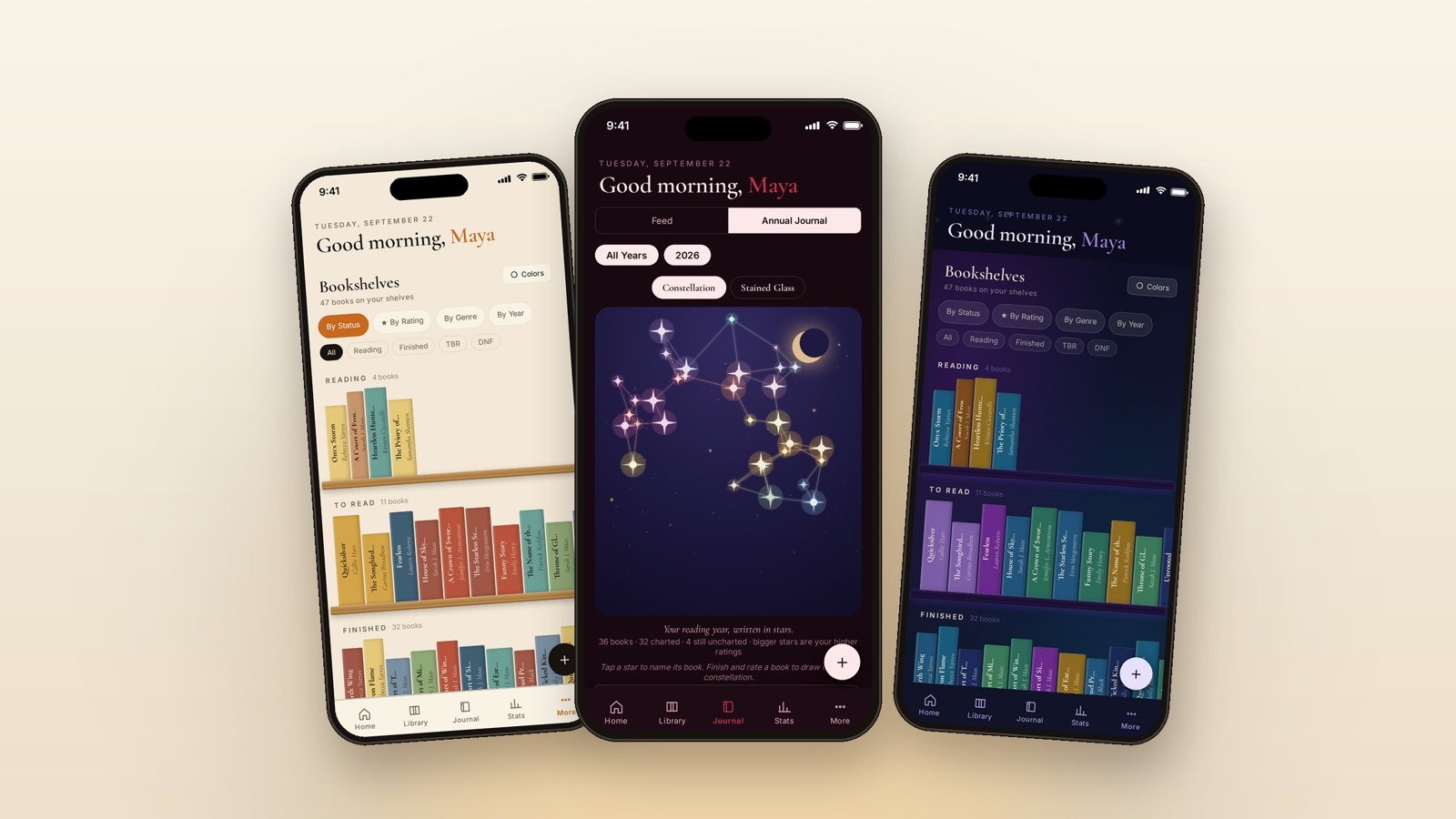 Three iPhones showing the CozyShelf reading constellation between two bookshelf ambiences